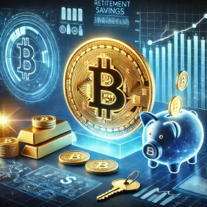 A futuristic image of a glowing Bitcoin coin surrounded by financial charts, a retirement savings piggy bank, and digital keys, symbolizing the intersection of cryptocurrency with traditional investment and retirement planning.