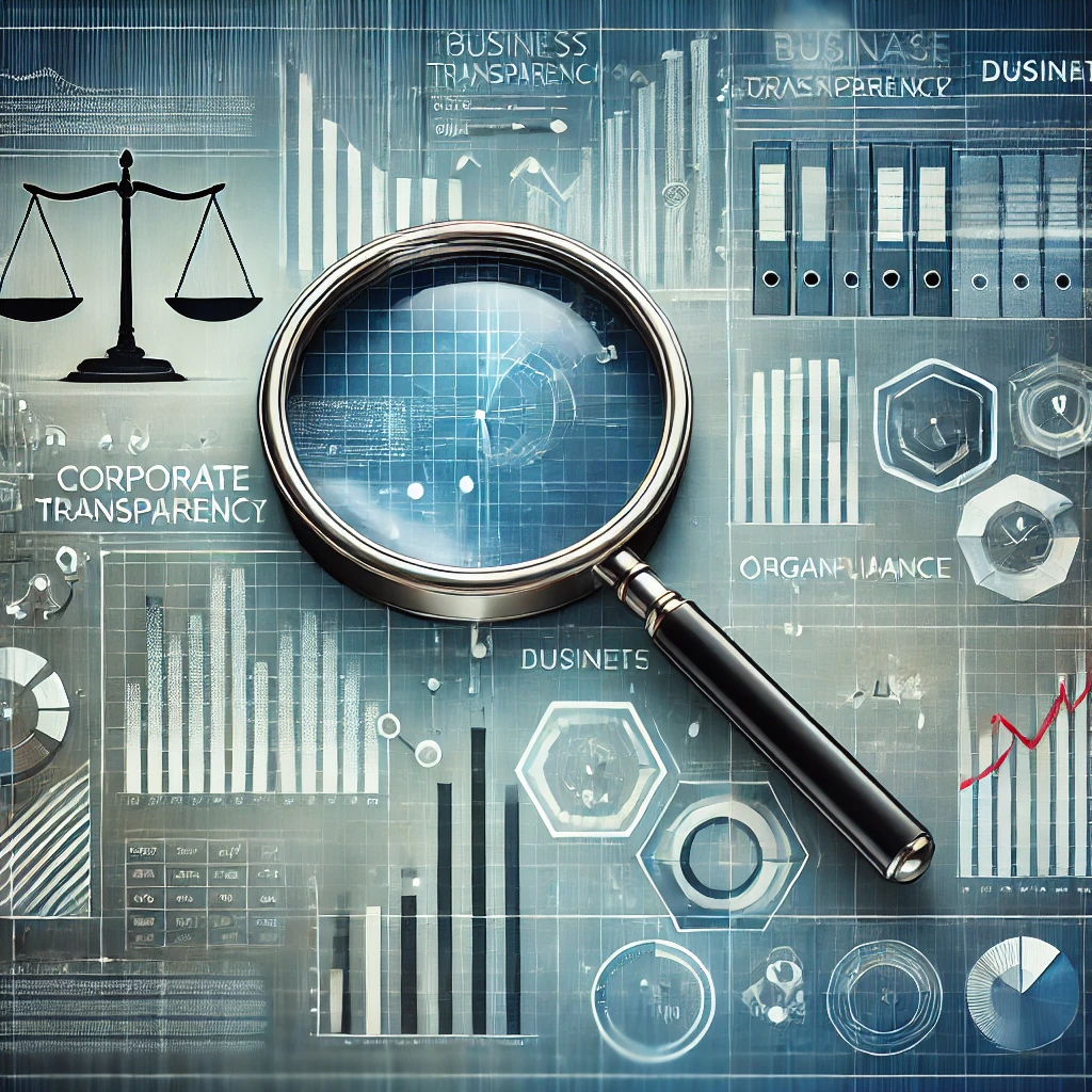 The image is an abstract representation of corporate transparency and compliance. It features a magnifying glass inspecting a detailed organizational chart, symbolizing the scrutiny and visibility required under new regulations. The background includes justice scales, legal documents, and interconnected business entities, highlighting themes of legality and accountability. The color palette is professional, with shades of blue, gray, and white, conveying trust, clarity, and depth.