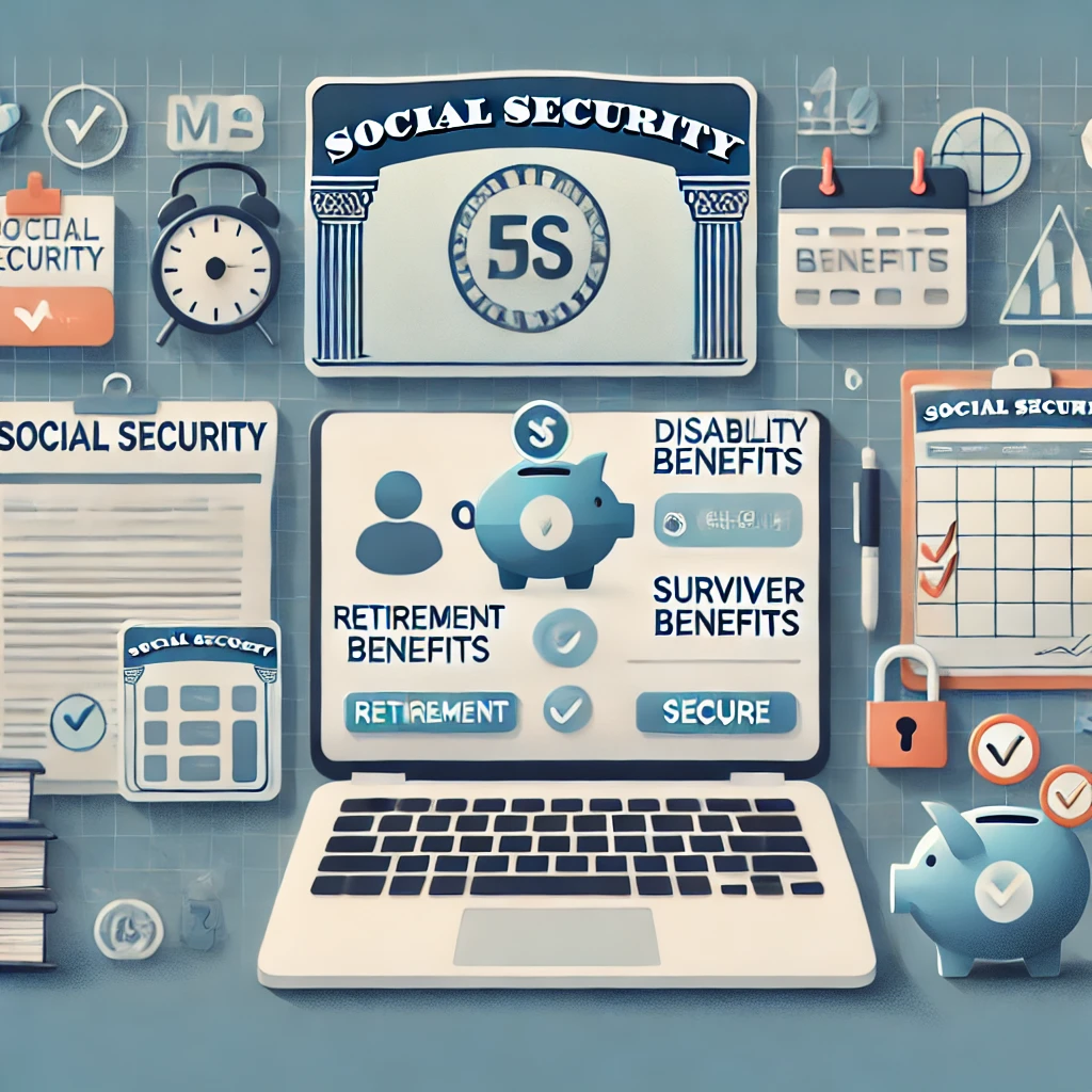 visual representation of Social Security planning, including icons for retirement, disability, and survivorship benefits, as well as the process for setting up your "my Social Security" account.