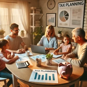 A family sitting around a dining table with a laptop, discussing finances. The background shows charts, a piggy bank, and a stack of papers with "tax planning" written on them. The setting is warm and family-friendly.