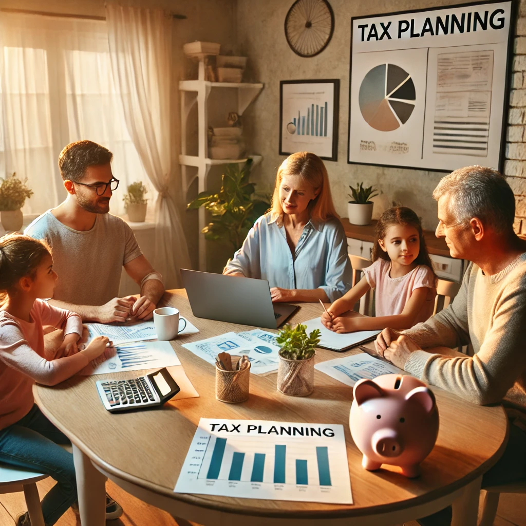 A family sitting around a dining table with a laptop, discussing finances. The background shows charts, a piggy bank, and a stack of papers with "tax planning" written on them. The setting is warm and family-friendly.