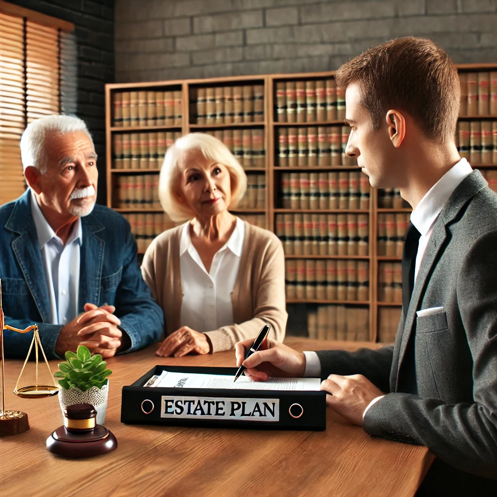 A lawyer sitting at a desk with an older couple, reviewing documents. The table has a folder labeled "Estate Plan," and the background shows shelves of legal books.